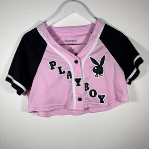 Playboy Bunny Logo Cropped Baseball Jersey Pink Button Front Women Small Y2K
